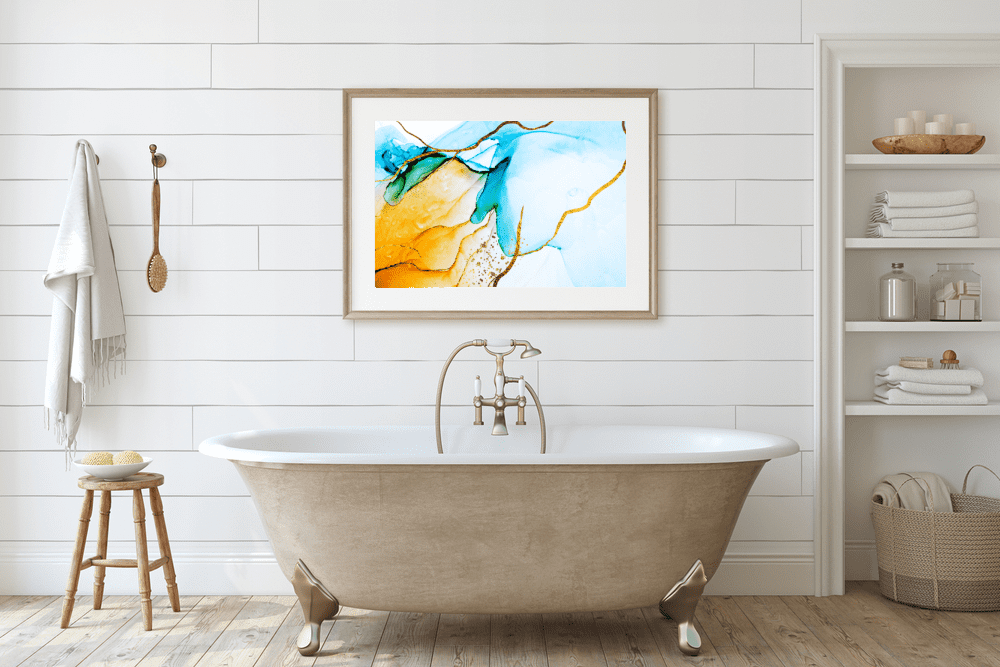 artwork framed on bathroom wall